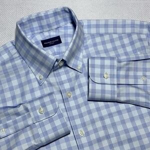 Proper Cloth Button Dress Shirt Mens 15.6-32.6 Blue Gingham Check Plaid Stretch